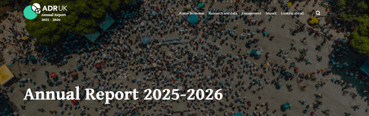 A background showing a birdseye view of a crowded street, with a title reading 'Annual Report 2025 - 2026' and the ADR UK logo